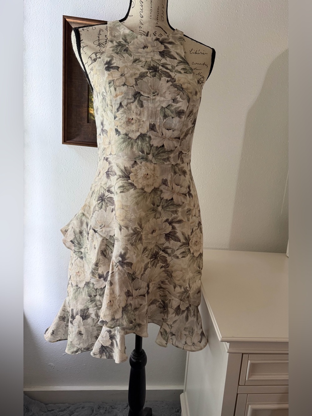 Zimmermann Floral Asymmetrical Halter Dress in Cream and Sage